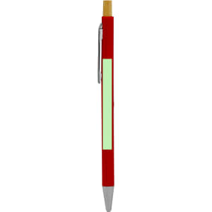 A wooden pen in red with a yellow tip and silver clip, featuring a blank area for custom branding.