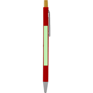 A wooden pen in red with a silver clip and a beige tip, featuring a branding logo.