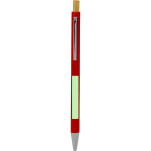 A red wooden pen with a silver clip and a natural wood tip, featuring a blank area on the barrel.