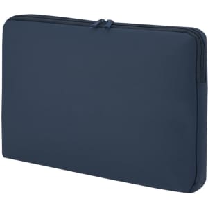 A navy laptop pouch with a zip closure and a simple design. The pouch features a logo.
