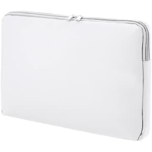 A white laptop pouch with a zipper, featuring a minimalist design and a simple branding logo.