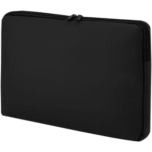 A black laptop pouch featuring a zip closure and minimalist design, with a logo present.