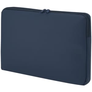A navy laptop pouch with a zip closure and a minimalist design. Features a logo on the exterior.