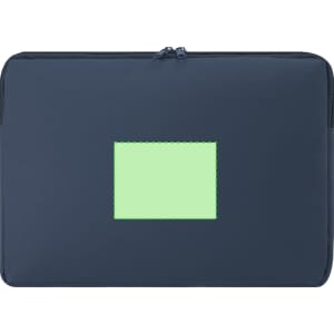 A navy laptop pouch featuring a simple square design and a logo. It has a zip closure for secure storage.