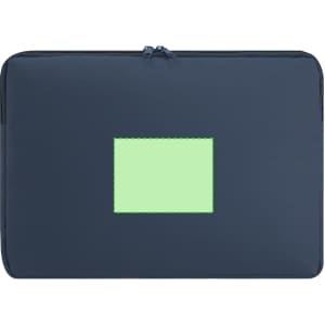 A navy blue laptop pouch with a rectangular space for branding, featuring a zip closure.