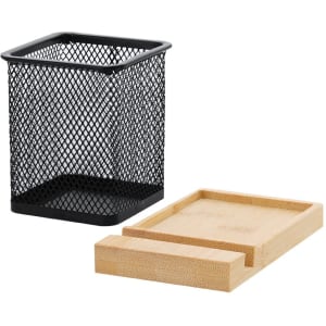 A black mesh pencil holder and a bamboo tray for organizing office supplies.