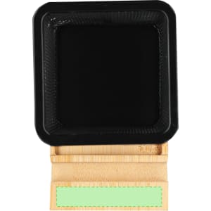 A black square pencil holder with a bamboo base, featuring a logo on the front.