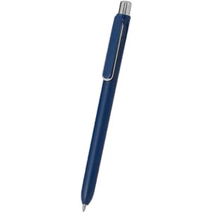 A navy pen with a silver clip and a rounded tip, featuring a branding logo.