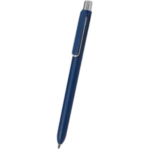 A navy-blue pen with a silver clip, featuring a sleek design and a logo.