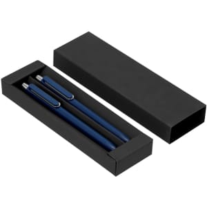 A black gift box containing two blue pens, elegantly presented for writing purposes.
