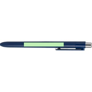 A navy blue pen with a light green section and a silver clip. It features branding on the side.