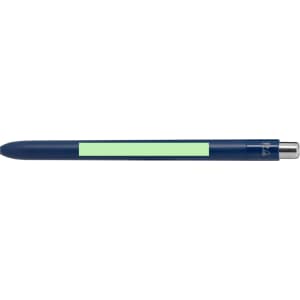 A blue pen with a green section, featuring a metal clip and a logo.