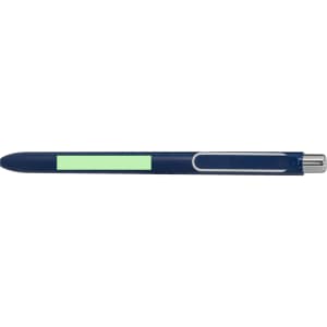 A navy blue pen with a green accent and a clip, featuring a blank area for custom branding.