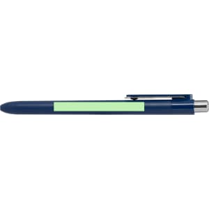 A navy blue pen with a retractable tip and a spot for branding on the barrel.