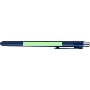 A blue pen with a light green section for branding, featuring a silver clip and a smooth writing tip.