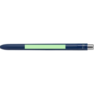 A blue pen with a mint green section and a silver tip, featuring a logo.