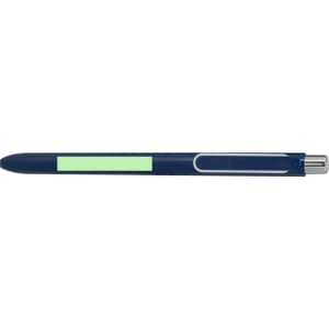 A blue pen with a green highlight and a silver clip, featuring a logo on the barrel.