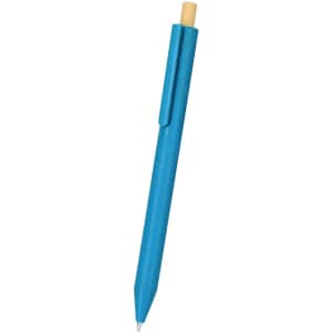 A blue pen with a wooden tip and a clip, featuring a branding logo.