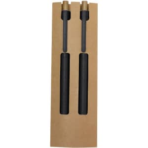 A set of black pens with gold accents, displayed in a cardboard packaging tray.