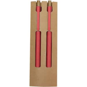A set of two red pens with gold accents, packaged in a brown cardboard box featuring a logo.