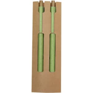 Two green pens displayed in a brown cardboard packaging with a simple design. The packaging features a logo.
