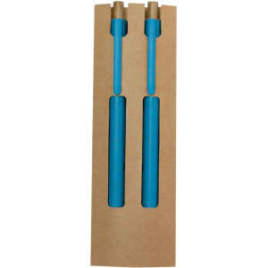A packaging containing two blue pens with gold accents, presented in a brown paper holder.