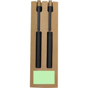 A packaging set containing two black pens with gold accents, presented in a brown cardboard box.