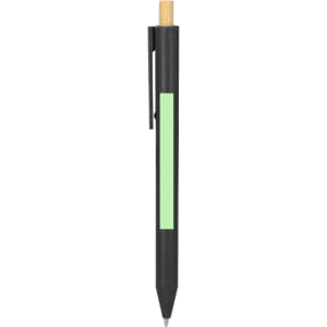 A black pen with a bamboo top and a green accent. It features a clip for easy attachment.