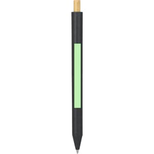 A black pen with a green accent and a gold top. Features a simple design and a branding logo.
