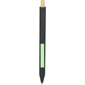 A black pen with a green section and a wooden tip, featuring a small logo.