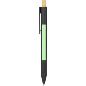 A black pen with a bamboo top and a green section, featuring a clip for easy attachment.