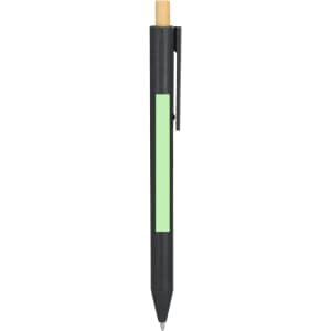 A black pen with a bamboo top and a green accent, featuring a clip and a stylus tip.