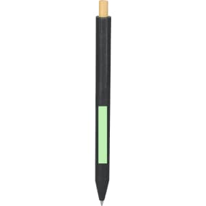 A black pen with a green accent and a wooden tip at the top. Features a logo on the body.