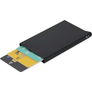 A black cardholder with three multi-coloured cards partially displayed. The cardholder has a logo.