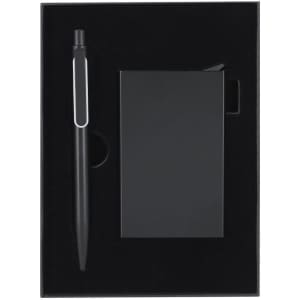A black pen and notebook set in a sleek black gift box, complete with a branded logo.