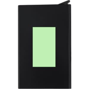 A black notebook featuring a green section on the front and a pen attached at the top. It includes a logo.
