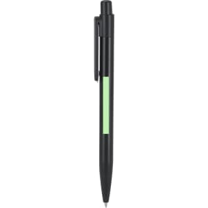 A black pen with a green highlight, featuring a clip and a standard ballpoint tip, with a logo on the body.