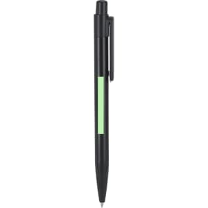 A black pen with a green accent and a secure clip. Features a simple design suitable for office use.
