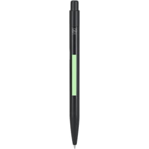 A black pen with a green accent and an oval-shaped branding area.