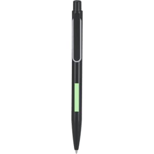 A black pen with a green accent and a branding logo.