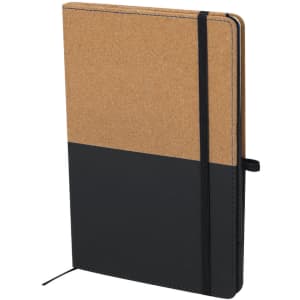 A notepad with a cork cover and a black bottom section, secured with an elastic band. It features a logo.