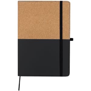 A notebook featuring a cork upper section and a black lower section, secured with an elastic band. It has a logo.