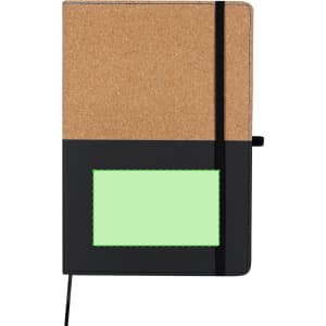 A notepad with a cork cover and a black lower section, featuring a green window and an elastic band.