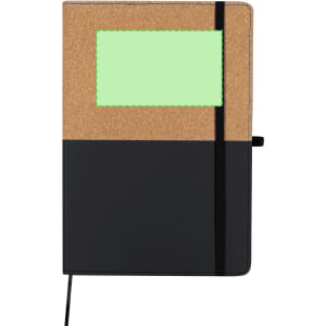 A notepad with a cork cover and a black lower half, featuring a green empty window and a black elastic band.