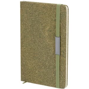 A green notebook with an elastic band and a silver clasp, featuring a textured cover.
