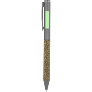 A stylish grey pen with a textured gold glitter grip and a clip. Features a branding area on the barrel.