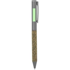 A grey pen with a glittery green and gold textured grip and a clip. It features a small branded logo.