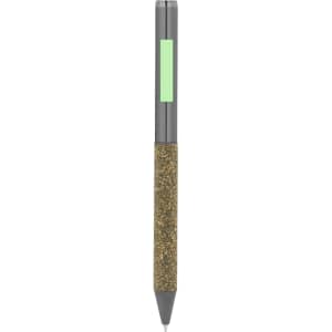 A grey pen with a glittery gold grip and a green accent, featuring a branding logo.