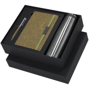 A drink bottle, notebook, and pen set in a black gift box, featuring a textured gold notebook with a green band.
