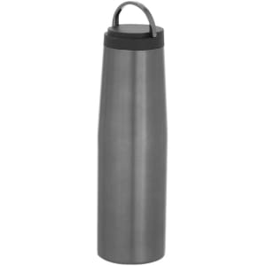 A stainless steel drink bottle in a sleek grey finish with a black lid and a handle.